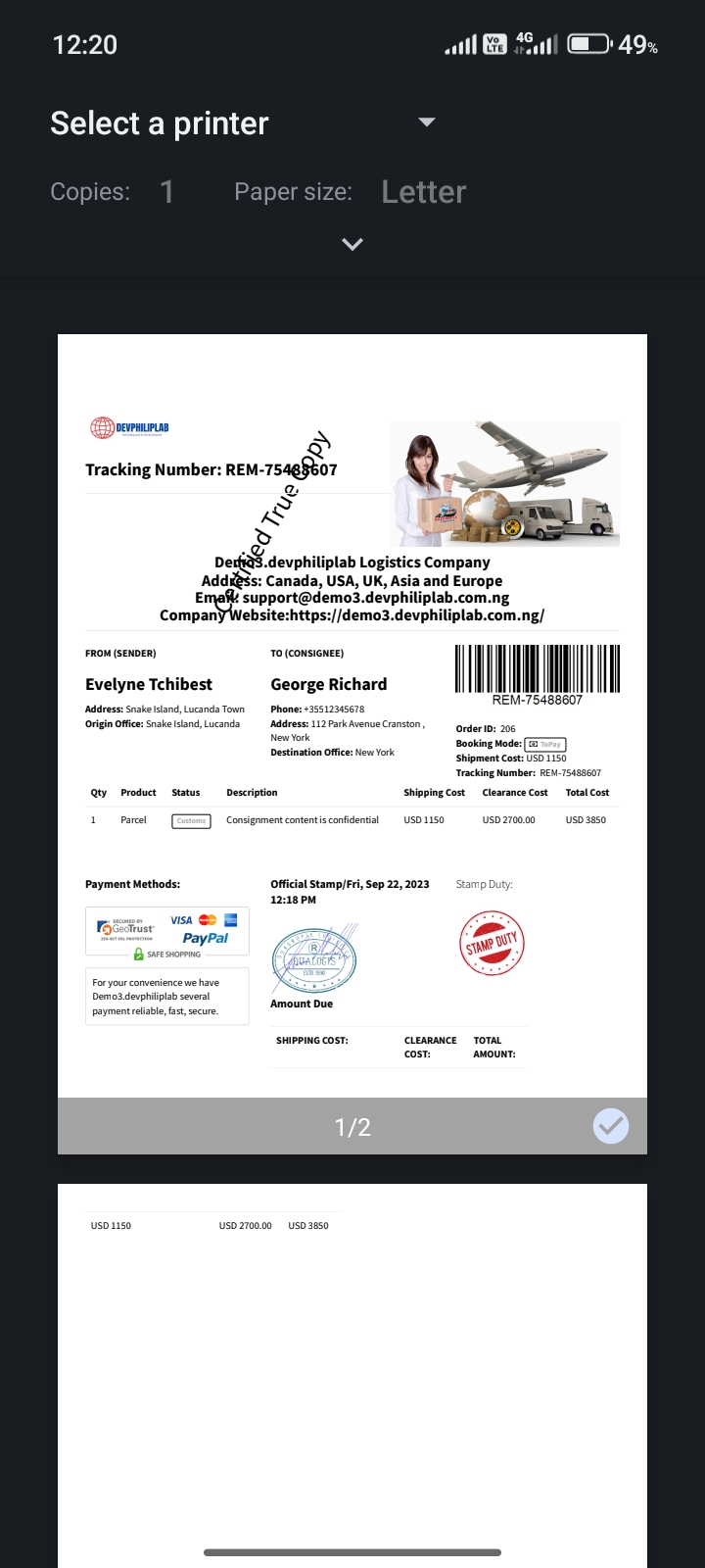 Logistics website invoice receipt 